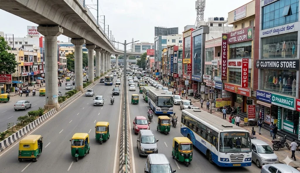 View of Bannerghatta Main Road in South Bangalore showing the upcoming Namma Metro Pink Line towers and road widening projects.